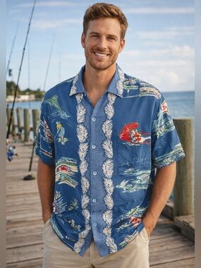 Jams World Men’s Hawaiian Aloha Short-Sleeve Shirt, L, “Florida ‘15 Blue”, Great
